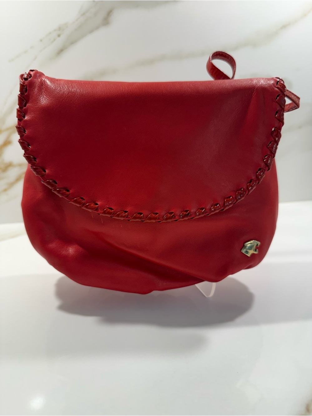 Compact Red Mini Crossbody Bag with Decorative Stitching